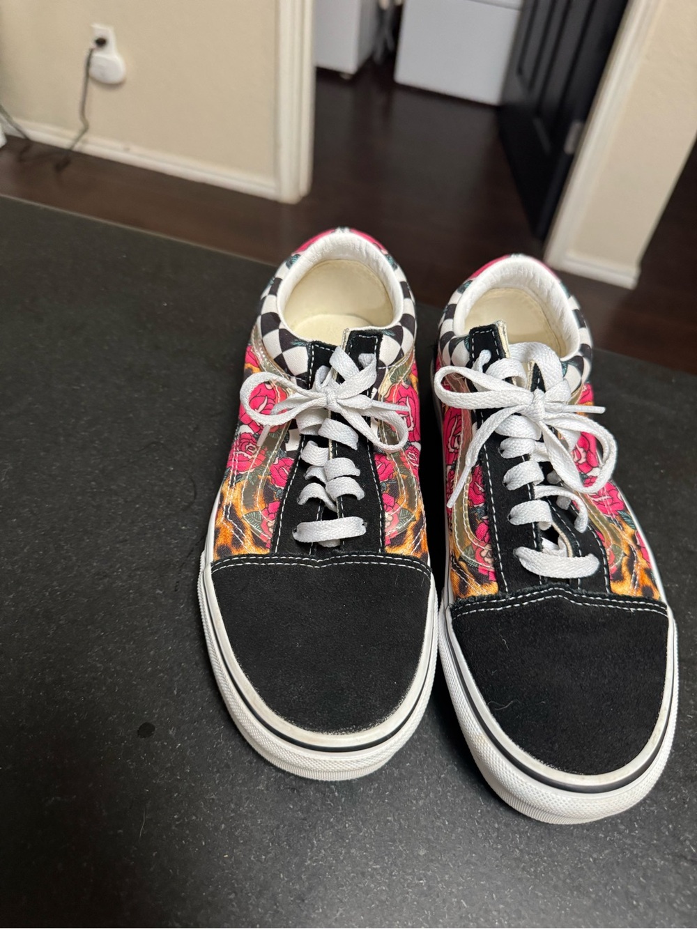 Vans Black, White, Pink and Orange Low-Top Floral Checkerboard Sneakers